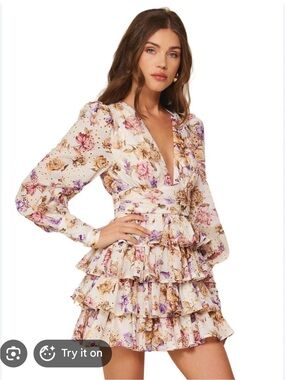 Line & Dot Floral Ruffle Mini Dress in Ivory with Pink and Purple Accents